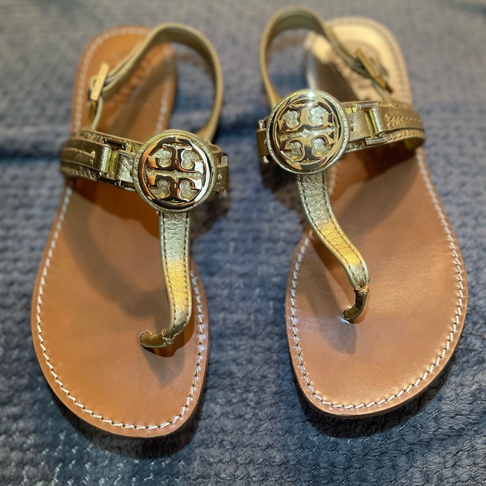 Tory Burch Gold Sandals with Leather Straps